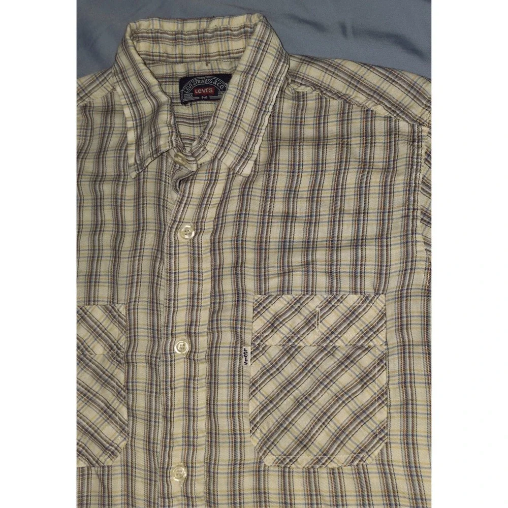 Vintage 70s Levis White Tab Western Brown Plaid Button Up Shirt Single Stitch M